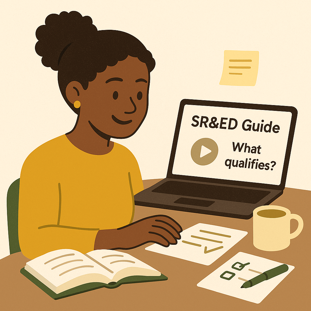 A young African-canadian female founder watching an SR&ED canada tutorial from DIY SR&ED on her laptop, with notes, a checklist, and a book open on her desk