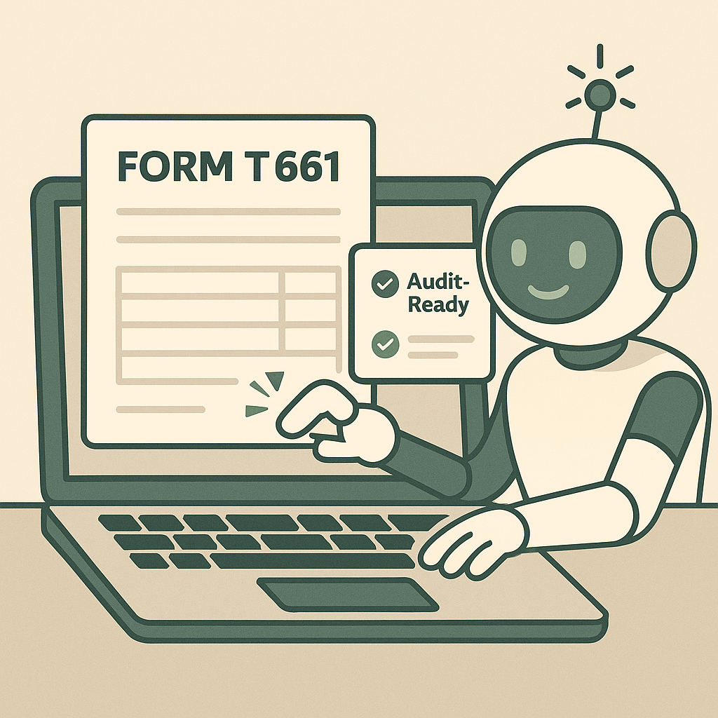 An AI assistant from DIY SR&ED helping fill out Form T661 on a laptop screen, with a sidebar checklist labeled “Audit-Ready” — representing automated canadian SR&ED claim preparation