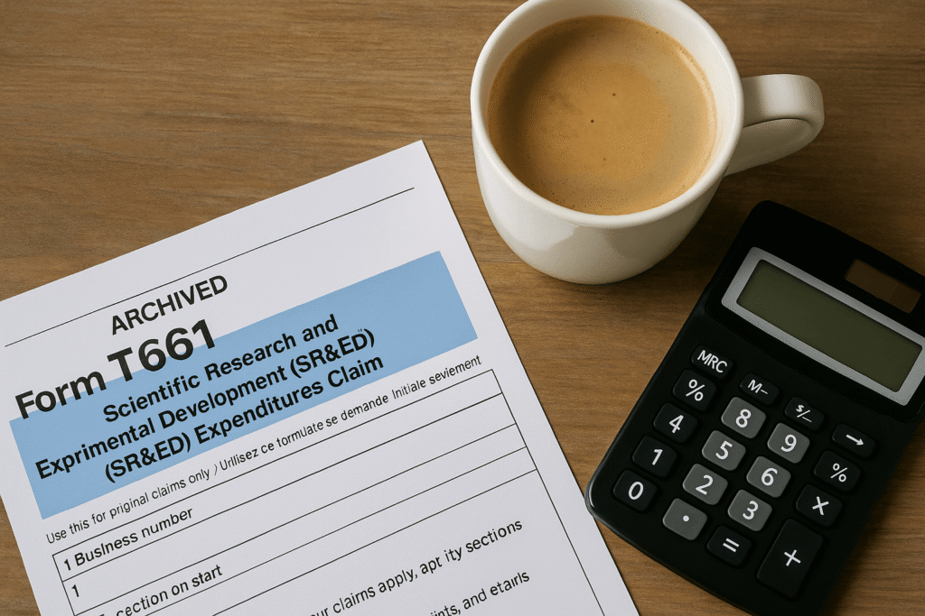 A workspace featuring Canada’s SR&ED Form T661, an R&D tax credit calculator, and a coffee mug — representing the DIY SR&ED filing process