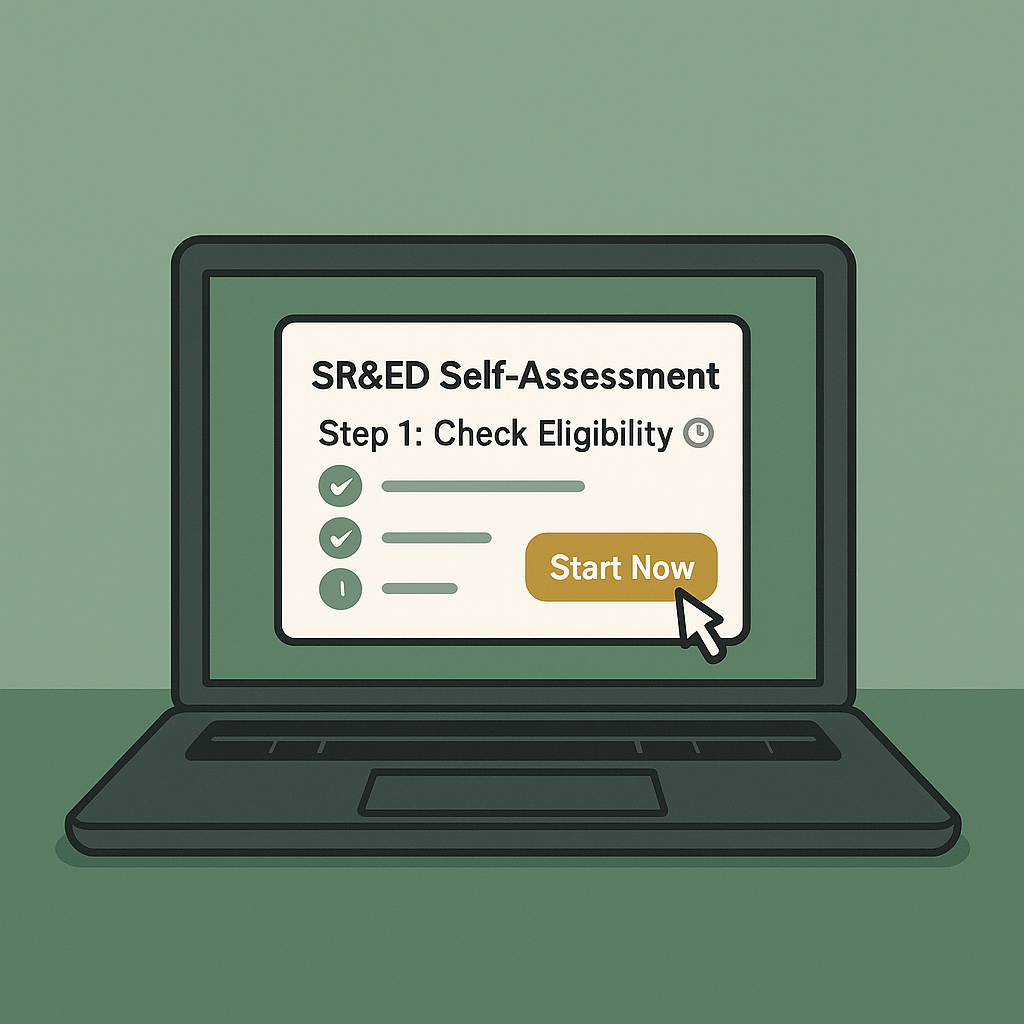 A laptop screen displaying the DIY SR&ED self-assessment popup for SR&ED canada with green checkmarks, a “Start Now” button, and a progress tracker to check eligibility in minutes