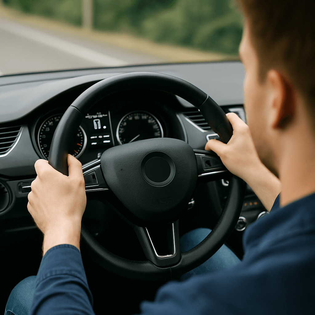White male founder confidently steering a vehicle, symbolizing full control over an SR&ED Canada claim process without consultants using DIY SR&ED tools