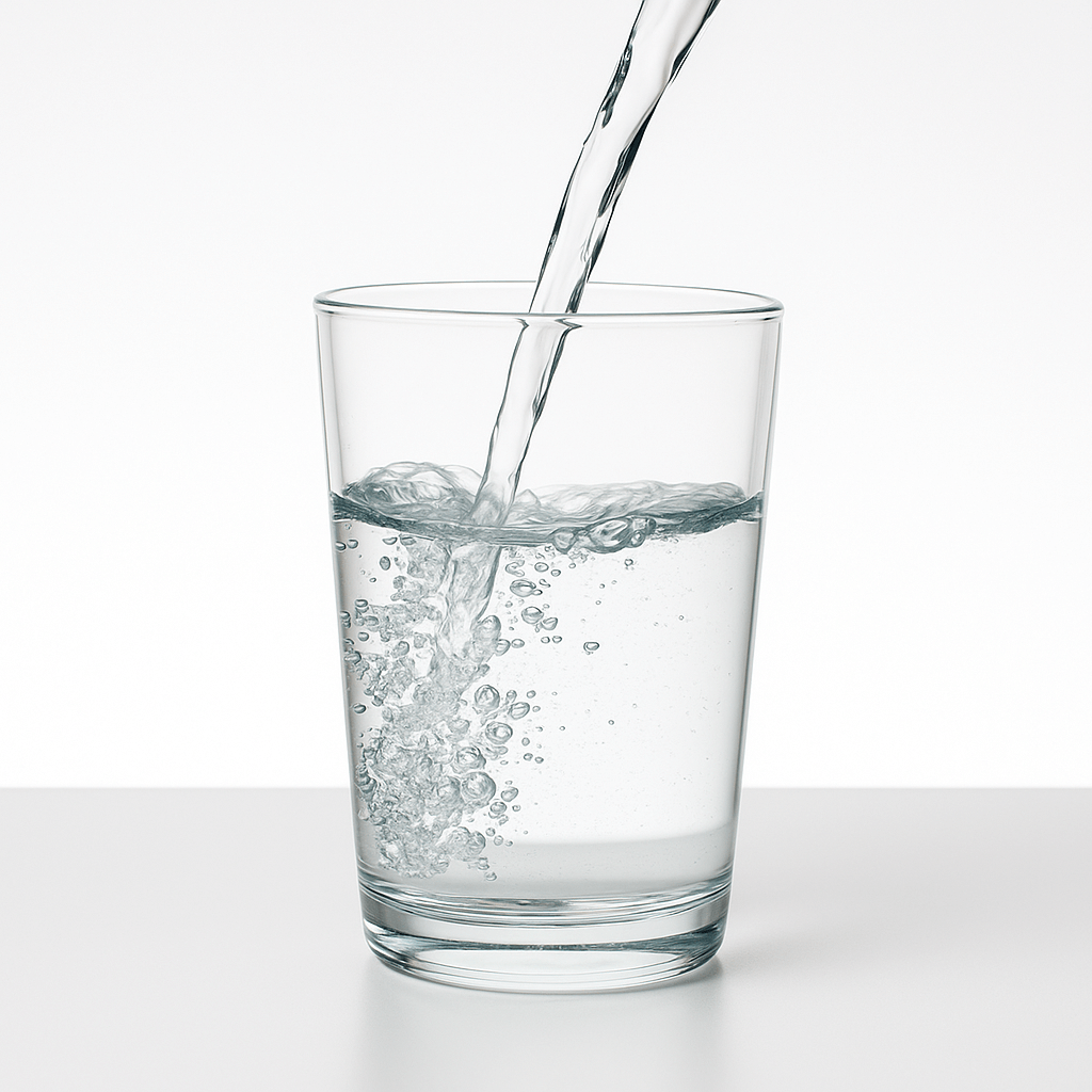A clear glass of water being poured from above on a white background, symbolizing a clean and transparent SR&ED filing process